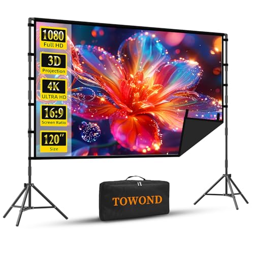TOWOND Outdoor Projector Screen with Stand, TOWOND 120 inch Portable Projector Screen Black Backing, Indoor Projection Screen 16:9 4K HD Wrinkle-Free Movie Screen with Carry Bag for Backyard Movie Night - Image 1