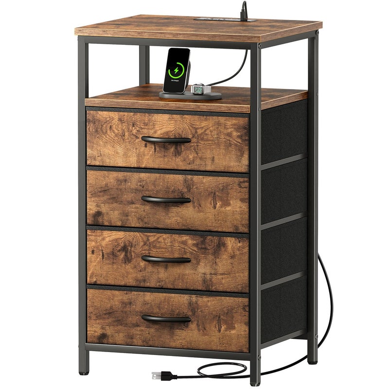 Huuger Night Stand with Charging Station 4 Drawer Dresser for Bedroom Bedside Table 339 Inch Tall Nightstand with Open Shelf End Table for Closet Entryway Bedroom Rustic Brown