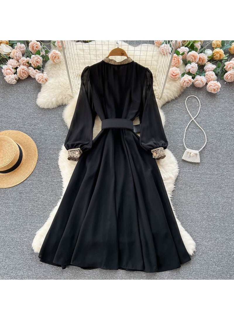 KUYING New Lace Patchwork Waist Cinching Long Sleeved Dress  - Image 2