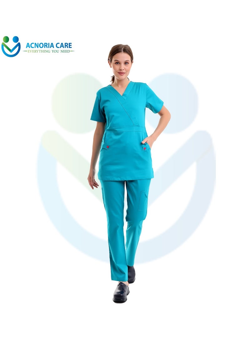 ACNORIA CARE Women's Medical Scrubs Consisting Of Two Pieces A Blouse And Pants 95% Cotton 5% Lycra  Blue Color - Size L - From Acnoria Care - Image 4