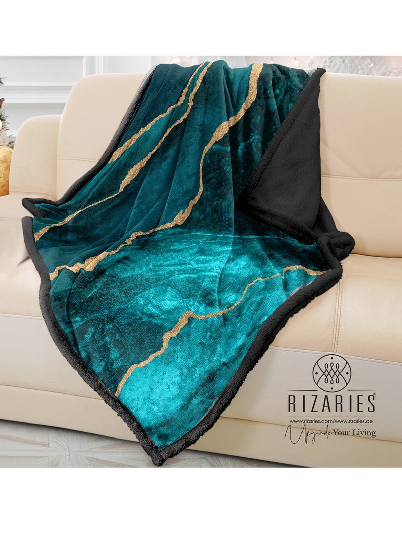 RIZARIES بطانية ناعمة للأريكة باللون الأزرق المخضر الذهبي - Image 1