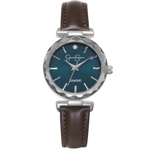 Jessica Simpson Diamond Collection Womens Watch Classic Quartz Leather Band Round Faceted Crystal Face Elegant Dress Watch for Women - Image 1