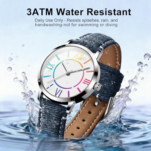 Bisley Fashion Analog Watch for Women Colorful Roman Numerals Dial Blue Denim Leather Watch Waterproof - Image 3