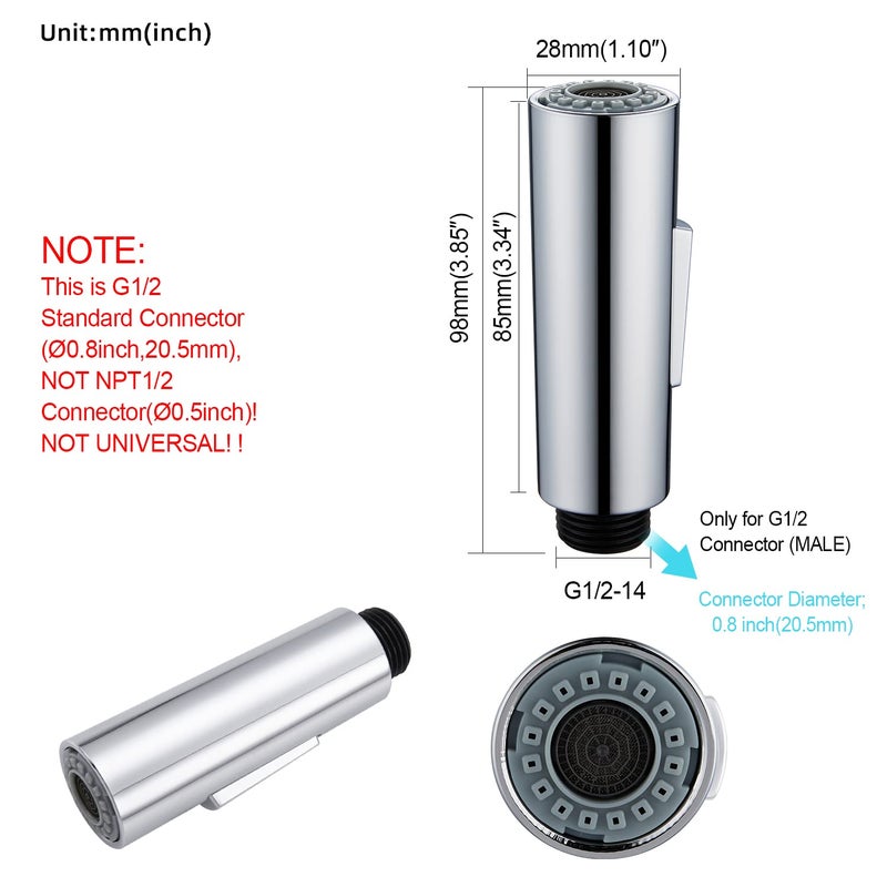Gordee Pull Down Sprayer Head For Kitchen Faucet  Column Shape 2-Function Kitchen Faucet Replacement Head  1.8 Gpm G1/2(Not Npt1/2) 0.8 Inch Connector(Male)  General Us/Ca Standard  Polished Chrome - Image 2