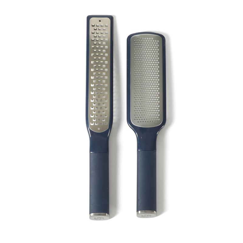 Calphalon Edge 2 Piece Stainless Steel Handheld Cheese Grater and Lemon Zester W/Covers & Rubber Handles - Navy Blue - Image 1