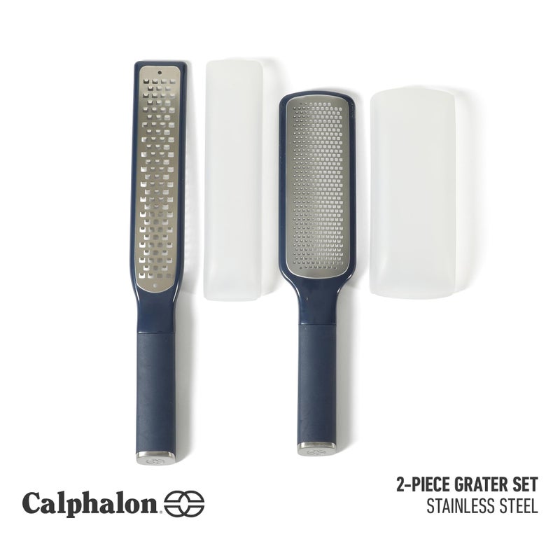 Calphalon Edge 2 Piece Stainless Steel Handheld Cheese Grater and Lemon Zester W/Covers & Rubber Handles - Navy Blue - Image 2