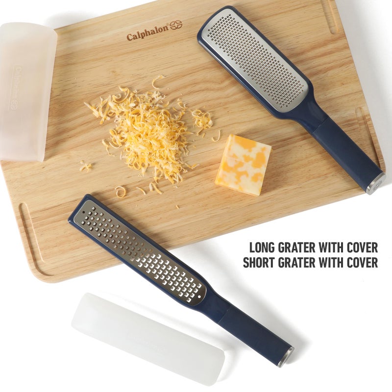 Calphalon Edge 2 Piece Stainless Steel Handheld Cheese Grater and Lemon Zester W/Covers & Rubber Handles - Navy Blue - Image 3