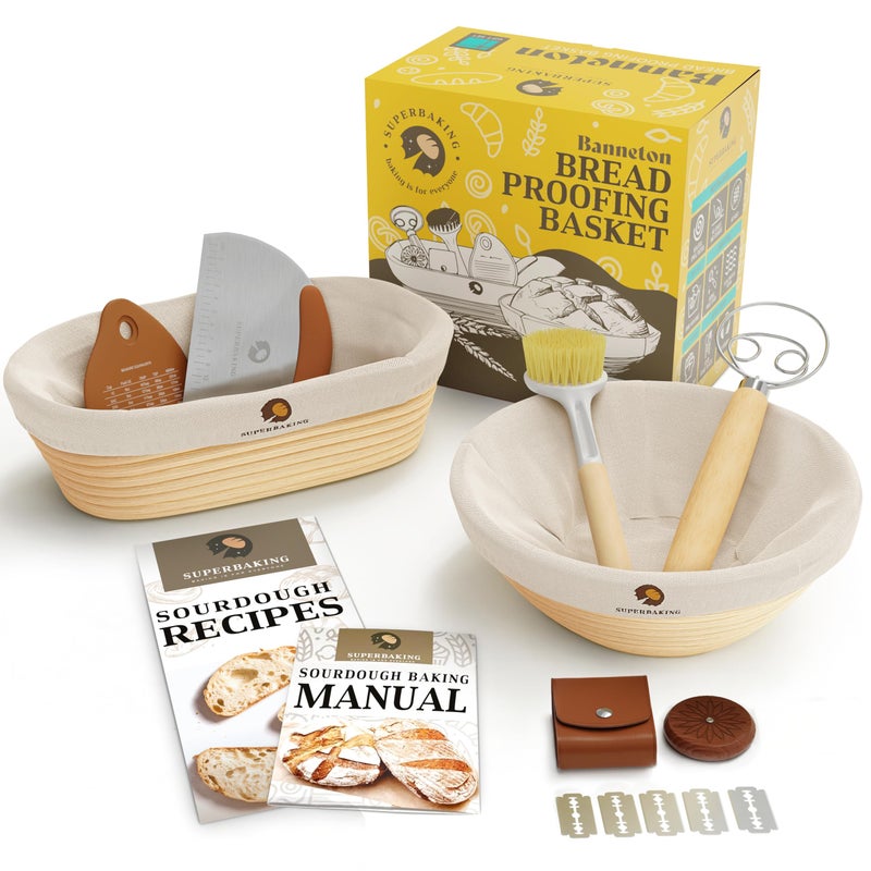Superbaking Sourdough Proofing Basket Gift Set, Round 9" & Oval 10" Banneton, Sourdough Starter Kit, Sourdough Banneton Basket, Banneton Bread Proofing Basket Set of 2, Sourdough Bread Baking Supplies - Image 1