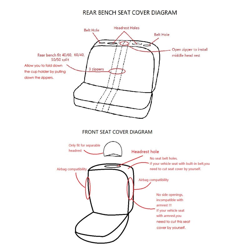 Flying Banner Car Seat Covers Full Set Front Seats and Rear Bench Polyester car seat Protectors Black Gray Purple airbag Compatible Rear Bench Split (Black Red) - Image 2