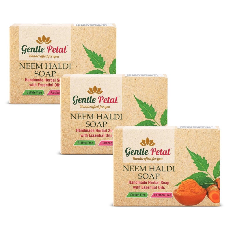 Gentle Petal Herbal Neem Haldi Soap Natural Antibacterial Soap for Acne Pimples Gentle Cleansing Bath Soap for Glowing Skin Suitable for All Skin Types 100gm x 3 Pack of 3 - Image 1