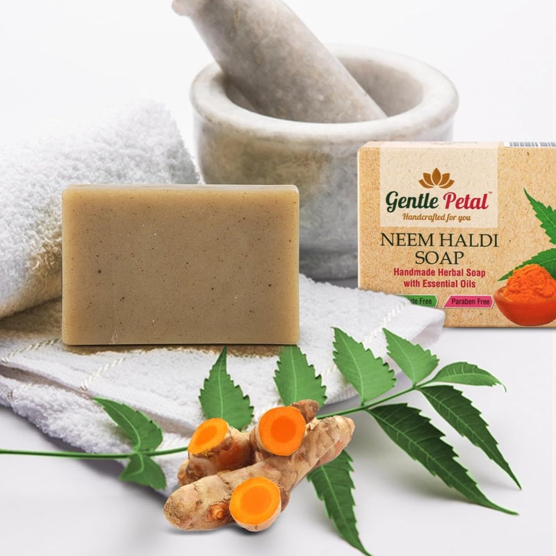 Gentle Petal Herbal Neem Haldi Soap Natural Antibacterial Soap for Acne Pimples Gentle Cleansing Bath Soap for Glowing Skin Suitable for All Skin Types 100gm x 3 Pack of 3 - Image 3
