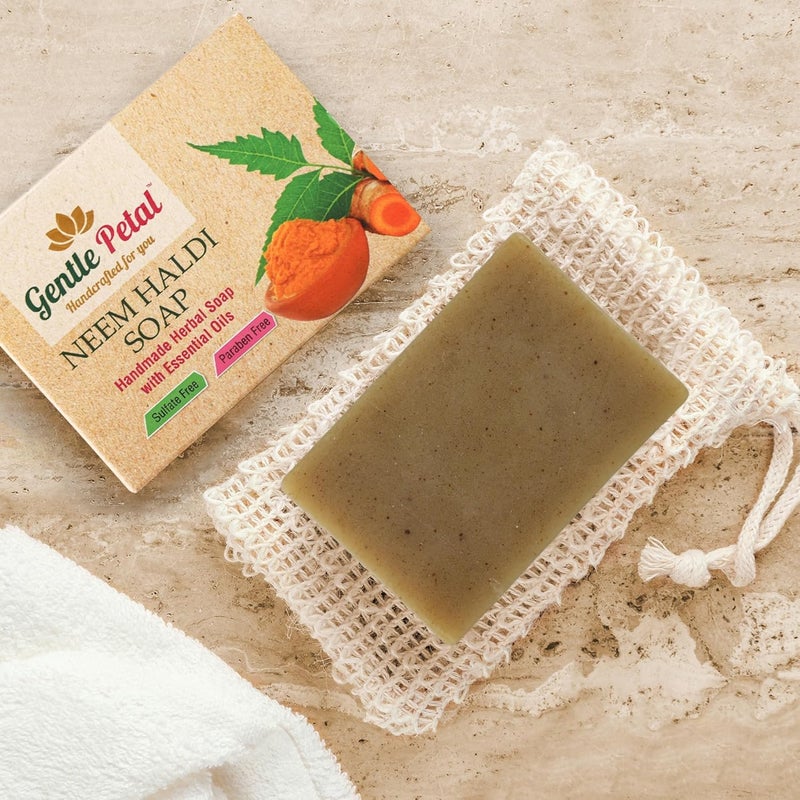 Gentle Petal Herbal Neem Haldi Soap Natural Antibacterial Soap for Acne Pimples Gentle Cleansing Bath Soap for Glowing Skin Suitable for All Skin Types 100gm x 3 Pack of 3 - Image 4