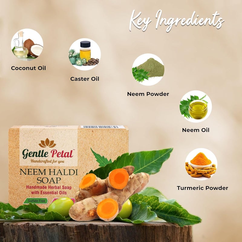 Gentle Petal Herbal Neem Haldi Soap Natural Antibacterial Soap for Acne Pimples Gentle Cleansing Bath Soap for Glowing Skin Suitable for All Skin Types 100gm x 3 Pack of 3 - Image 5