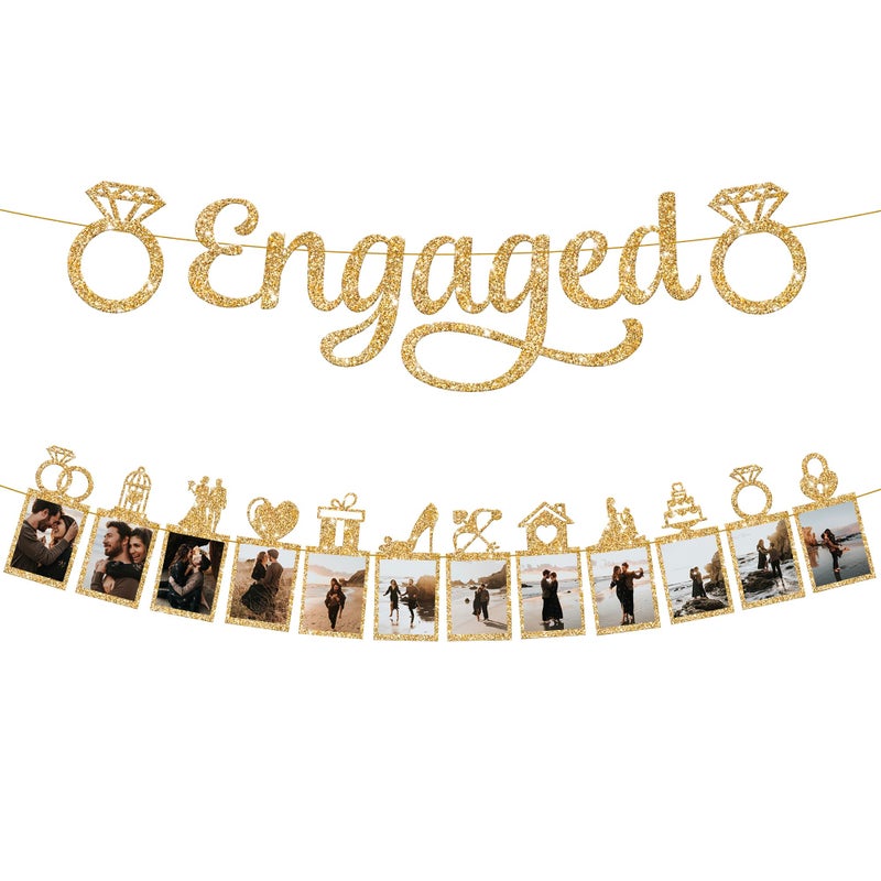 Katchon  Gold Glitter Engaged Photo Banner - 2 String  10 Feet  No Diy | Gold Engagement Party Decorations | Engagement Photo Banner For Bachelorette Party Decorations | She Said Yes Decorations - Image 1