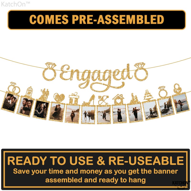 Katchon  Gold Glitter Engaged Photo Banner - 2 String  10 Feet  No Diy | Gold Engagement Party Decorations | Engagement Photo Banner For Bachelorette Party Decorations | She Said Yes Decorations - Image 4