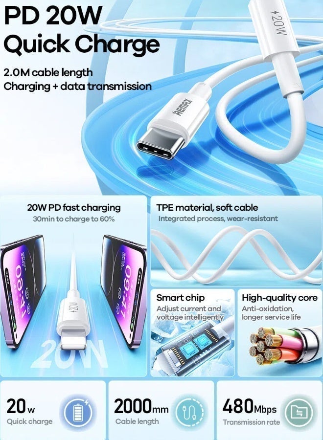 REMAX RC-C123 USB C To Lightning 20W PD Fast Charging Cable 2M Type C-L , MFi Certified, Data Cable, For iPhone 14/13/12/11/Xs/X/Pro/ProMax/Plus/8/7/AirPods/iPad/iPod/MacBook - Image 2