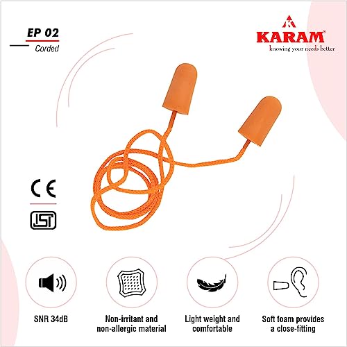 KARAM EP02 Disposable Foam Corded Ear Plugs with Cottan Thread | Noise Reduction Earplugs for Sleeping, Work, Swimming & Construction | Soft & Comfortable with SNR 34dB - Image 2