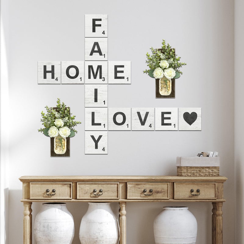 TenXVI Designs Rustic Crossword Farmhouse Wall Hanging  Modern Large Living Room Family Signs for Home Love Country Decor Wood  5x5 