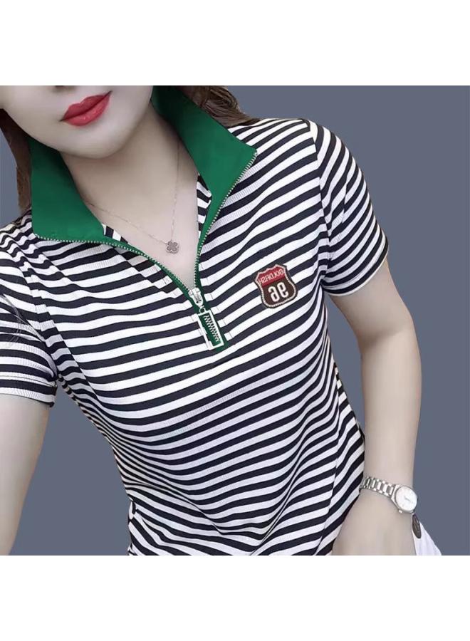 Polo Shirt Striped Short-sleeved T-shirt Women's New Style Stand Collar Half-zipper Fashion Lapel Color Contrast Casual All-match Top 