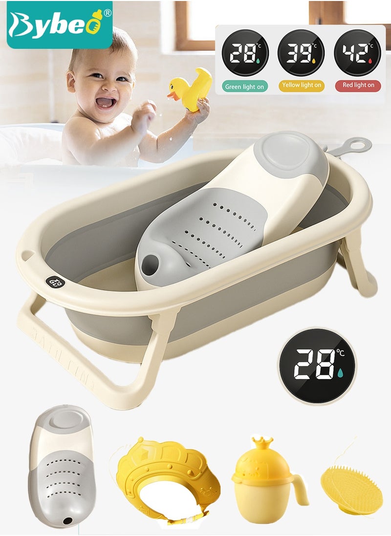 Bybeo 5 PCS Baby Bath Tub, Foldable Bathtub with Temperature Sensing + Baby Bath Chair + Shower Cap *1 + Washing Hair Shower Shampoo Cup *1 + Shampoo Brush *1  - Image 1