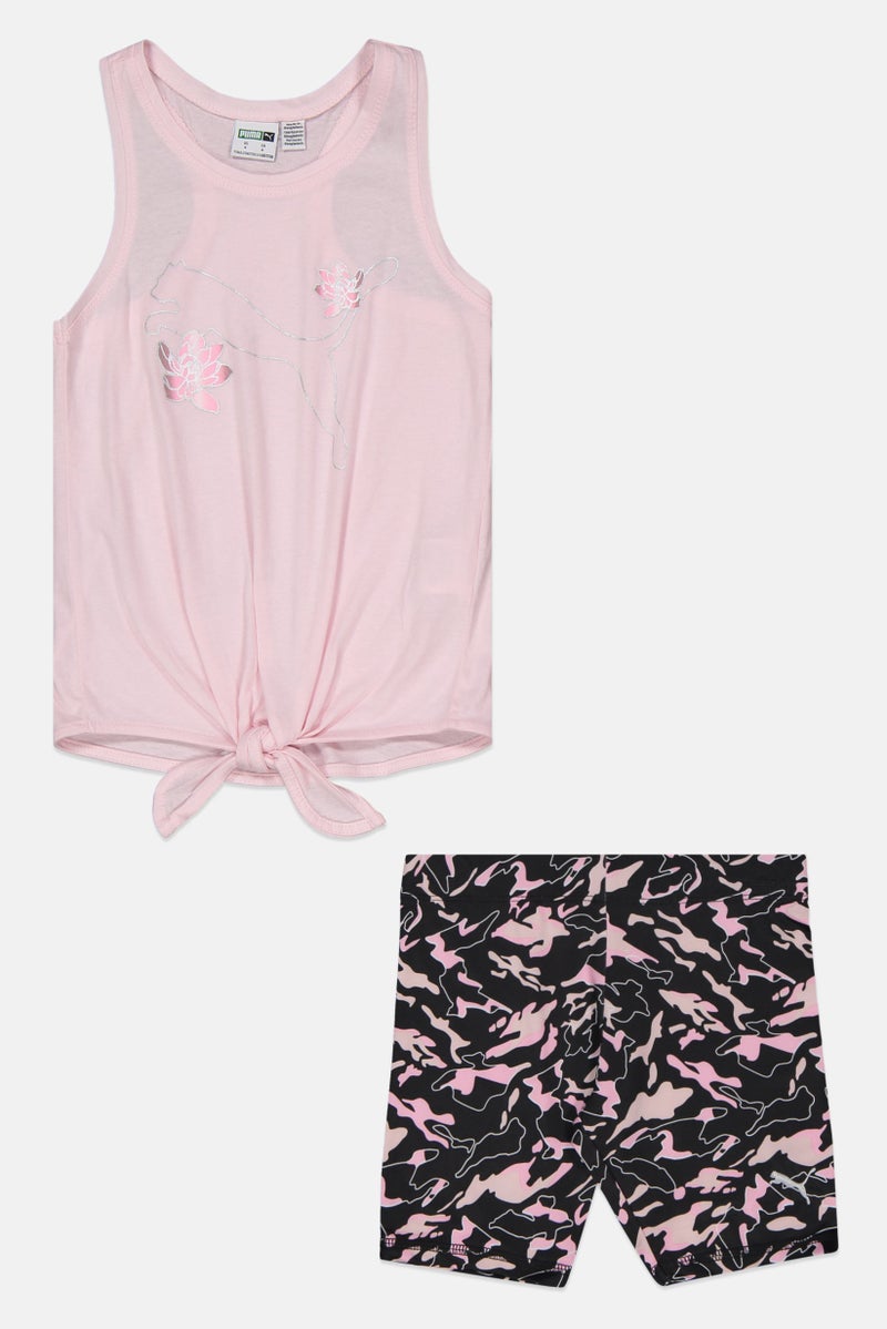 PUMA Kids Girl 2 Piece Sleeveless Tank Top And Printed Shorts, Pink/Black Combo - Image 1