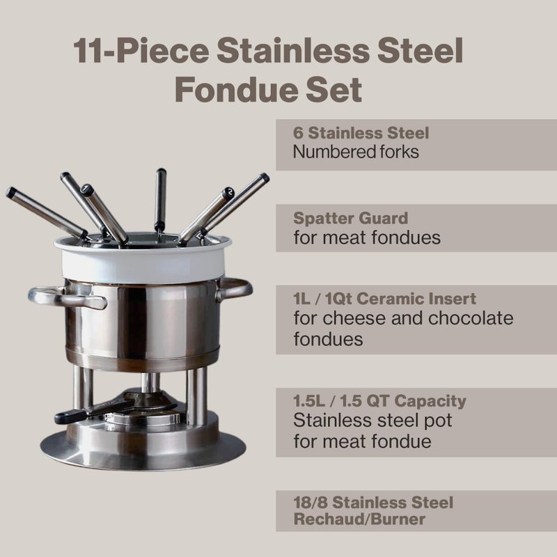 Swissmar Arosa 11-Piece Stainless Steel 3-in-1 Fondue Set - Ideal for Melting Cheese, Chocolate, Butter, & More - Perfect for Kitchen Collection & Wedding Gift Giving - 1.6 Quarts / 1.5 Liter - Image 5