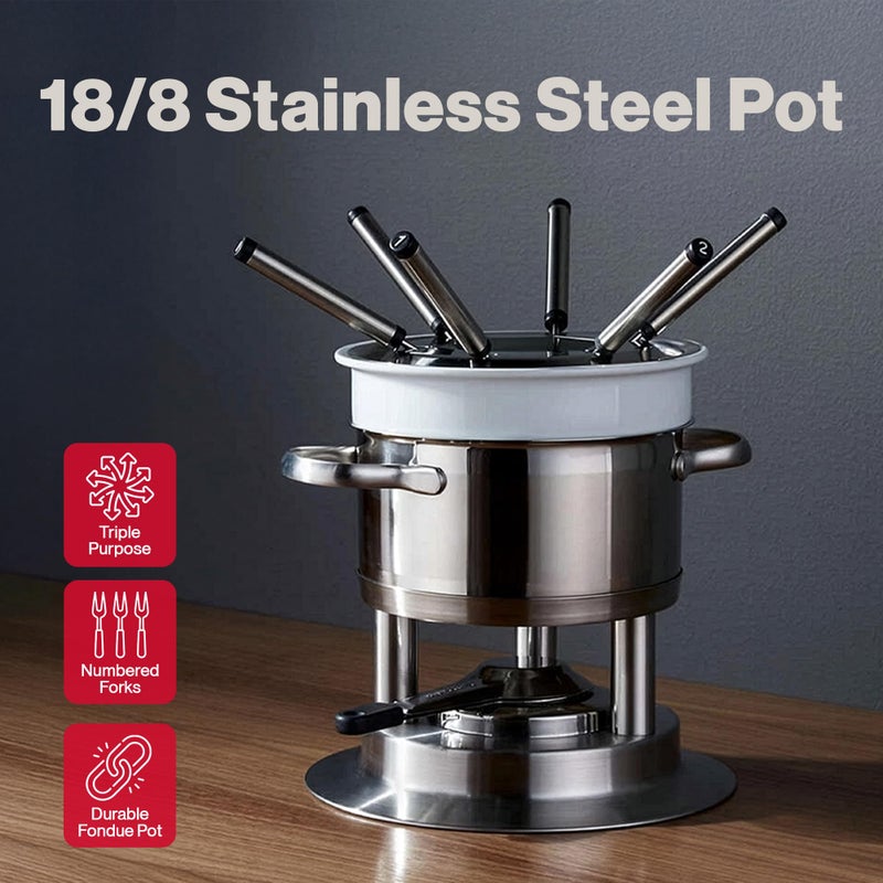 Swissmar Arosa 11-Piece Stainless Steel 3-in-1 Fondue Set - Ideal for Melting Cheese, Chocolate, Butter, & More - Perfect for Kitchen Collection & Wedding Gift Giving - 1.6 Quarts / 1.5 Liter - Image 2