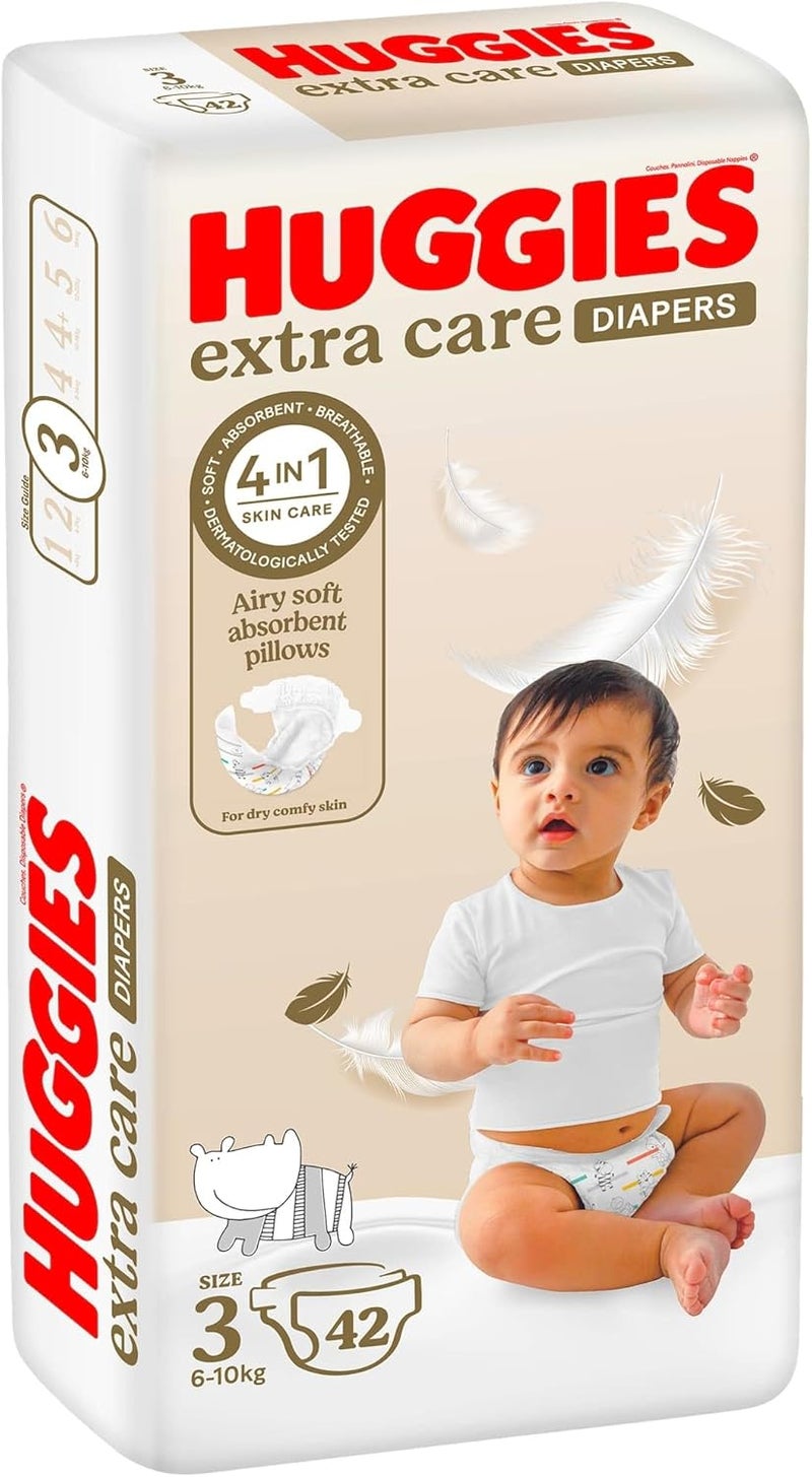 HUGGIES هجيز إكسترا كير، الحجم 3، 4 - 9 كجم، عبوة قيمة، 42 حفاضة - Image 1