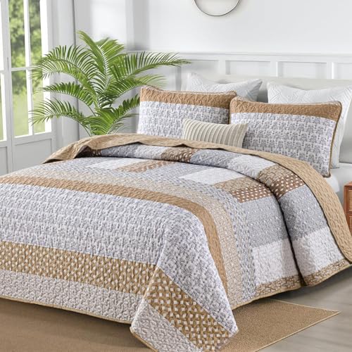 WONGS BEDDING Brown Quilt King Size Bohemian Stripe Quilt Sets 3 Pieces Boho Quilted Bedspread Set Lightweight Microfiber Coverlet Bedding Set All Season 104x90 - Image 1