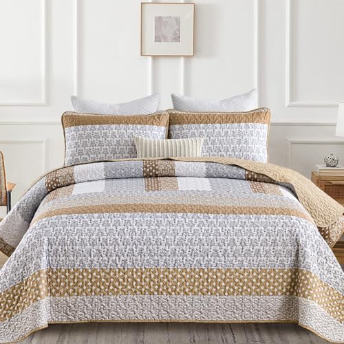 WONGS BEDDING Brown Quilt King Size Bohemian Stripe Quilt Sets 3 Pieces Boho Quilted Bedspread Set Lightweight Microfiber Coverlet Bedding Set All Season 104x90 - Image 3