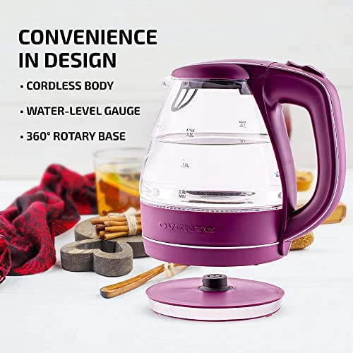 OVENTE Electric Kettle, 1.5L Borosilicate Glass Countertop Water Heater and Boiler for Coffee or Tea, BPA-Free, Auto Shut-Off, Boil-Dry Protection, Removable and Washable Spout Filter, Purple KG83P - Image 4
