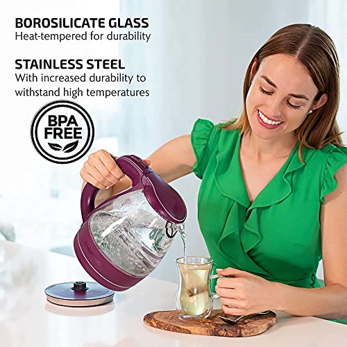 OVENTE Electric Kettle, 1.5L Borosilicate Glass Countertop Water Heater and Boiler for Coffee or Tea, BPA-Free, Auto Shut-Off, Boil-Dry Protection, Removable and Washable Spout Filter, Purple KG83P - Image 2