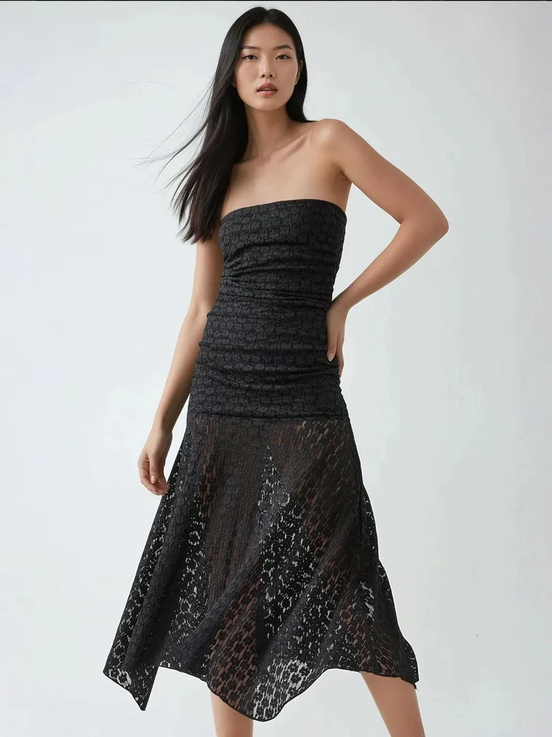 زوبعة فستان ميدي دانتيل بدون حمالات