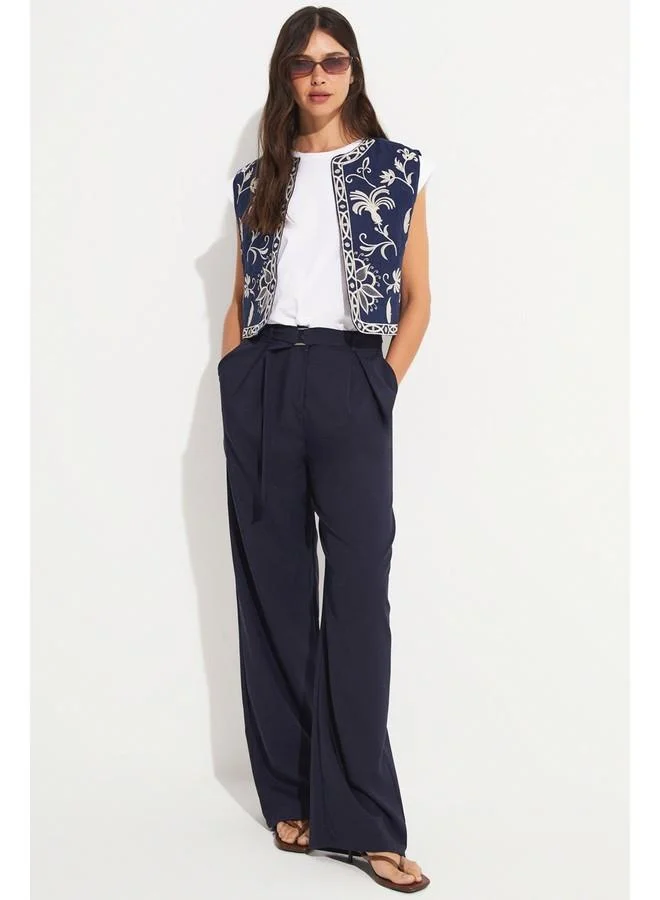 جون June Women 100% Cotton Embroidered Detailed Vest Navy