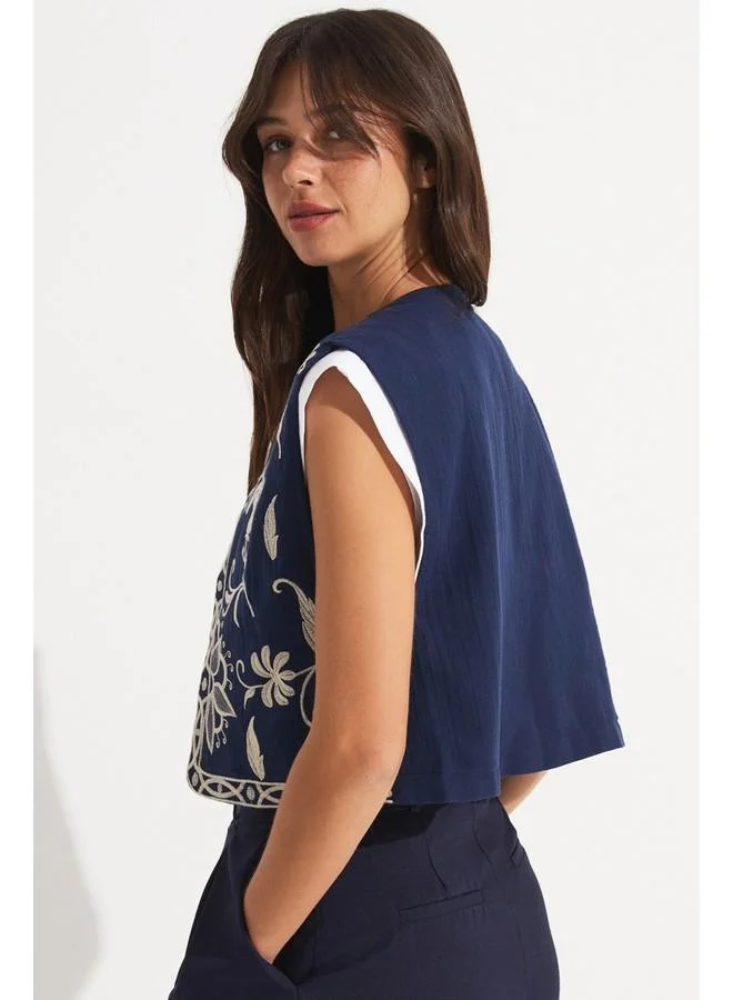 جون June Women 100% Cotton Embroidered Detailed Vest Navy