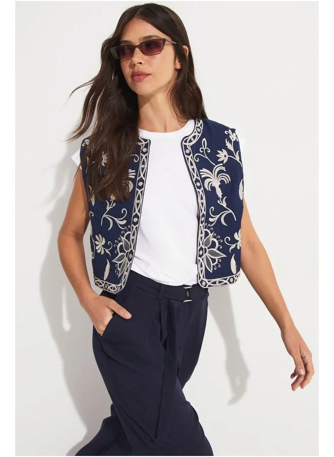 جون June Women 100% Cotton Embroidered Detailed Vest Navy