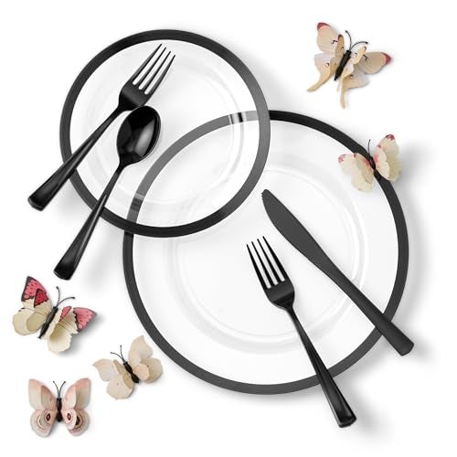 By Madee HEAVYWEIGHT 150 Pcs for 25 Guests  Clear and Black Plastic Plates and Silverware Set  Fancy Disposable Dinnerware Set  Black Plates Disposable for Party  Gift of 3D Butterflies