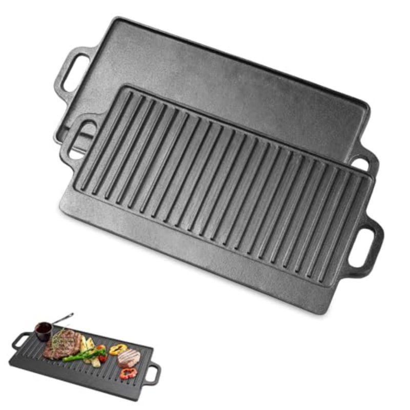 Cast iron double-sided griddle with handles, 50 x 23 cm, pre-seasoned for camping cookware, usable on both flat and ridged sides, suitable for stovetop, gas grill, frying, and camping - Image 1