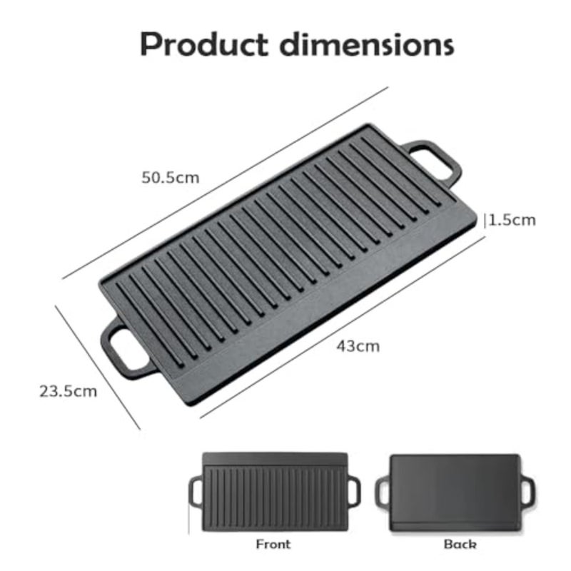 Cast iron double-sided griddle with handles, 50 x 23 cm, pre-seasoned for camping cookware, usable on both flat and ridged sides, suitable for stovetop, gas grill, frying, and camping - Image 2