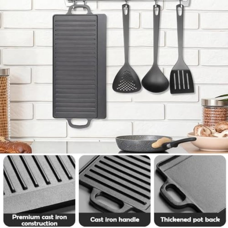 Cast iron double-sided griddle with handles, 50 x 23 cm, pre-seasoned for camping cookware, usable on both flat and ridged sides, suitable for stovetop, gas grill, frying, and camping - Image 5