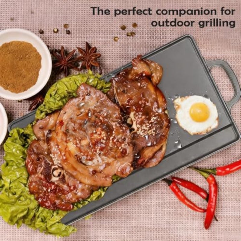 Cast iron double-sided griddle with handles, 50 x 23 cm, pre-seasoned for camping cookware, usable on both flat and ridged sides, suitable for stovetop, gas grill, frying, and camping - Image 3