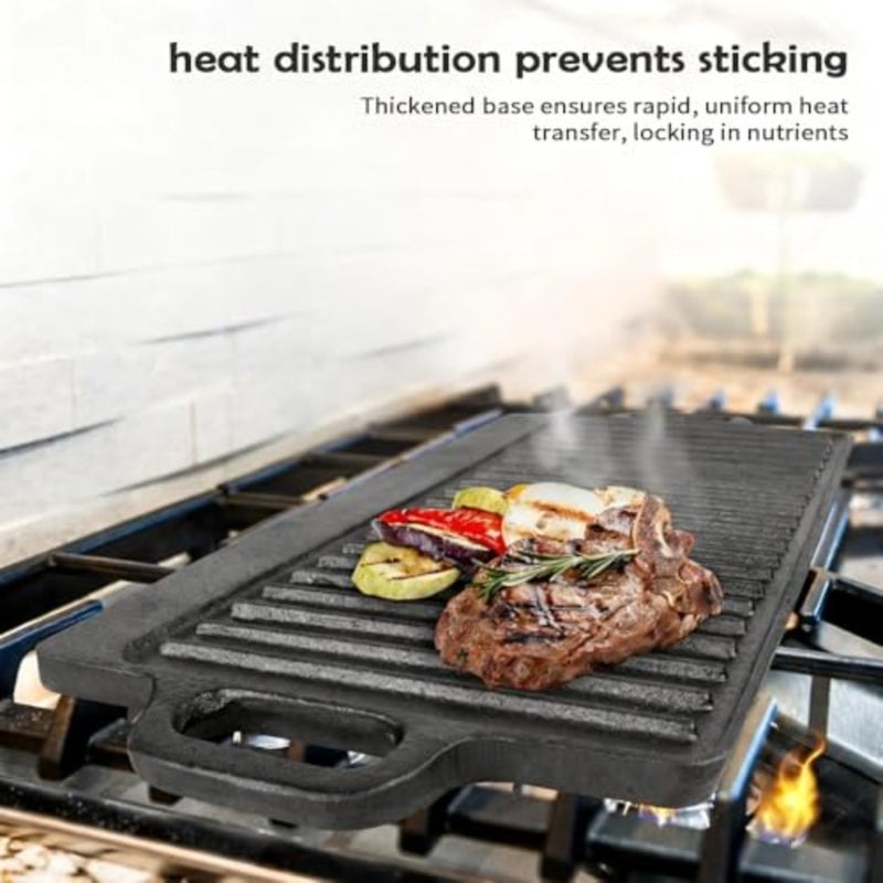 Cast iron double-sided griddle with handles, 50 x 23 cm, pre-seasoned for camping cookware, usable on both flat and ridged sides, suitable for stovetop, gas grill, frying, and camping - Image 4