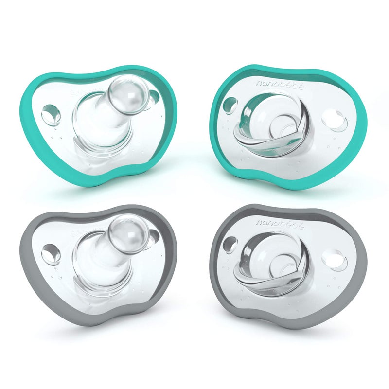 NANOBÃ‰BÃ‰ Nanobebe Baby Pacifiers 0-3 Month - Orthodontic, Curves Comfortably with Face Contour, Award Winning for Breastfeeding Babies, 100% Silicone, Baby Registry Gift 4pk,Teal/Grey - Image 1