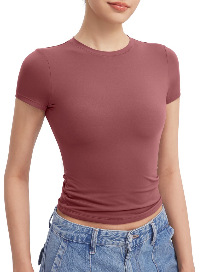 PUMIEY Crop Tops for Women Crew Neck Short Sleeve T Shirts Summer Y2K Going Out Top, Marsala Large - Image 2