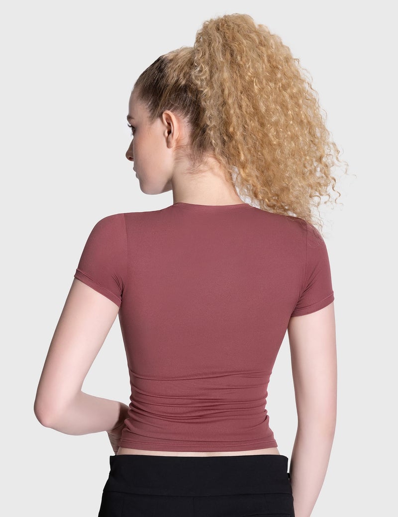 PUMIEY Crop Tops for Women Crew Neck Short Sleeve T Shirts Summer Y2K Going Out Top, Marsala Large - Image 4