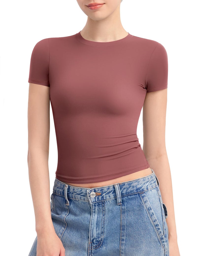 PUMIEY Crop Tops for Women Crew Neck Short Sleeve T Shirts Summer Y2K Going Out Top, Marsala Large - Image 1
