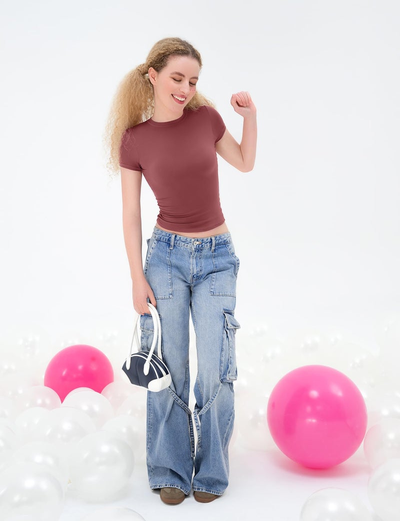 PUMIEY Crop Tops for Women Crew Neck Short Sleeve T Shirts Summer Y2K Going Out Top, Marsala Large - Image 5