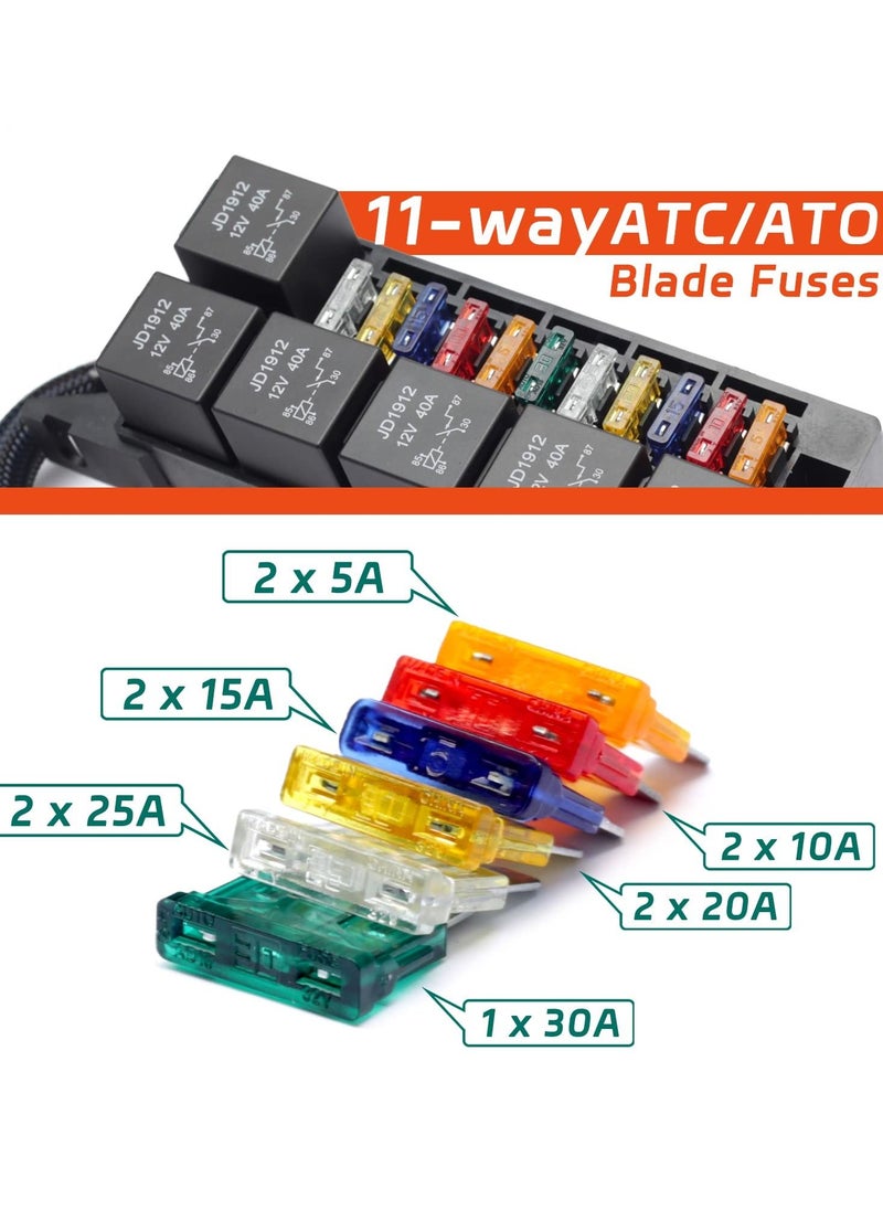 Excefore - 11 Way Fuse Relay Box Block 12V Pre-Wired, Automotive Universal Fuse Block with Relay Panel, 11 Slot Fuse Box and 6 Slot 4 Pin Relay Panel - for Vehicles, Cars, Marine, Boats - Image 1