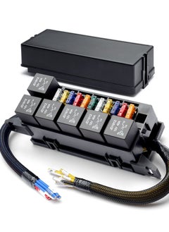 11 Way Fuse Relay Box Block 12V Pre-Wired, Automotive Universal Fuse Block with Relay Panel, 11 Slot Fuse Box and 6 Slot 4 Pin Relay Panel - for Vehicles, Cars, Marine, Boats