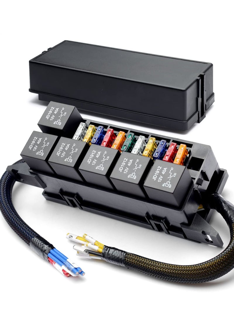 Excefore - 11 Way Fuse Relay Box Block 12V Pre-Wired, Automotive Universal Fuse Block with Relay Panel, 11 Slot Fuse Box and 6 Slot 4 Pin Relay Panel - for Vehicles, Cars, Marine, Boats - Image 1
